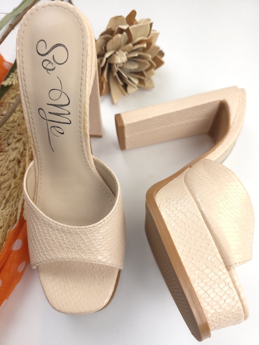 So Me Blush Beige Textured Platform Block Heel Mules Sz 6